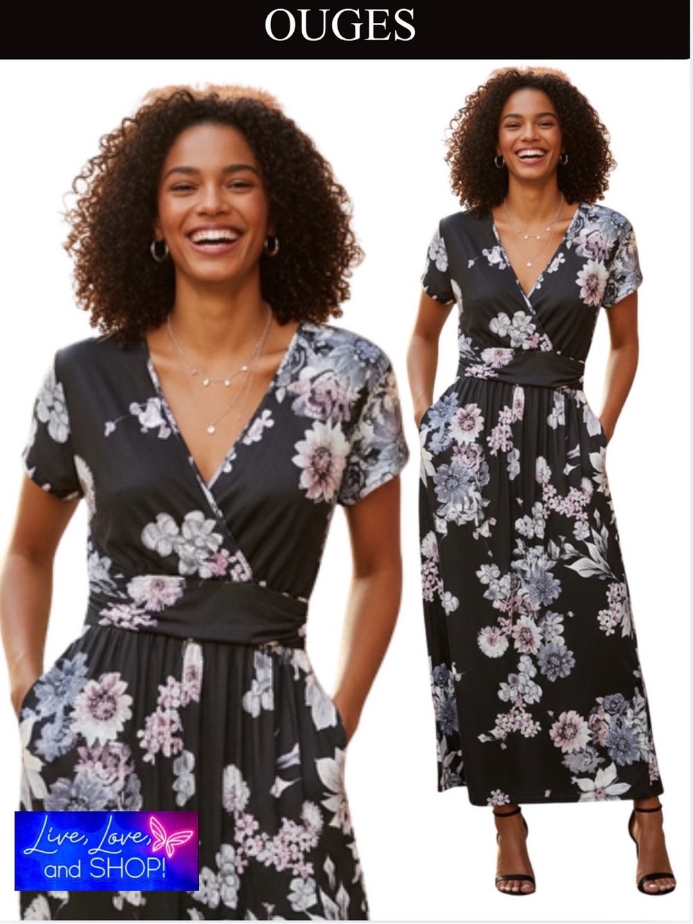 OUGES Black/Navy Floral Wrap Maxi Dress with Blush Accents & Pockets, EUC